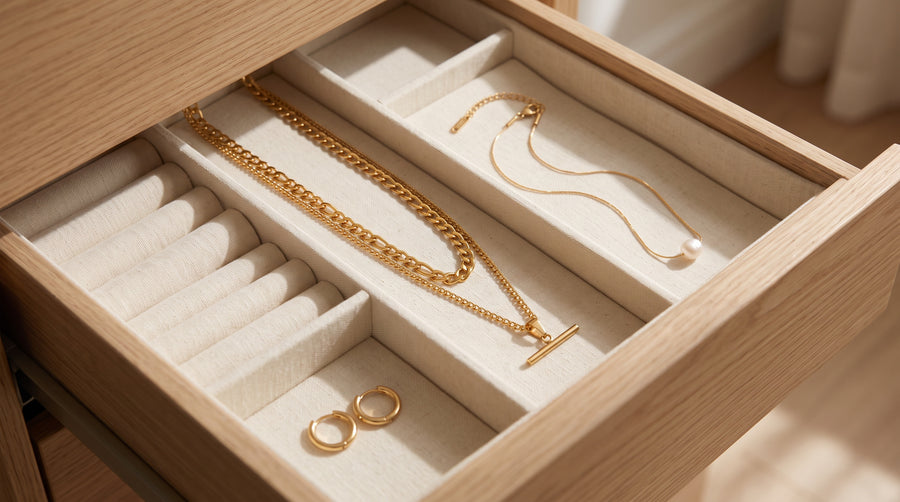Necklaces, pearls and huggie earrings neatly arranged in a fabric-lined drawer, showing how to store jewelry