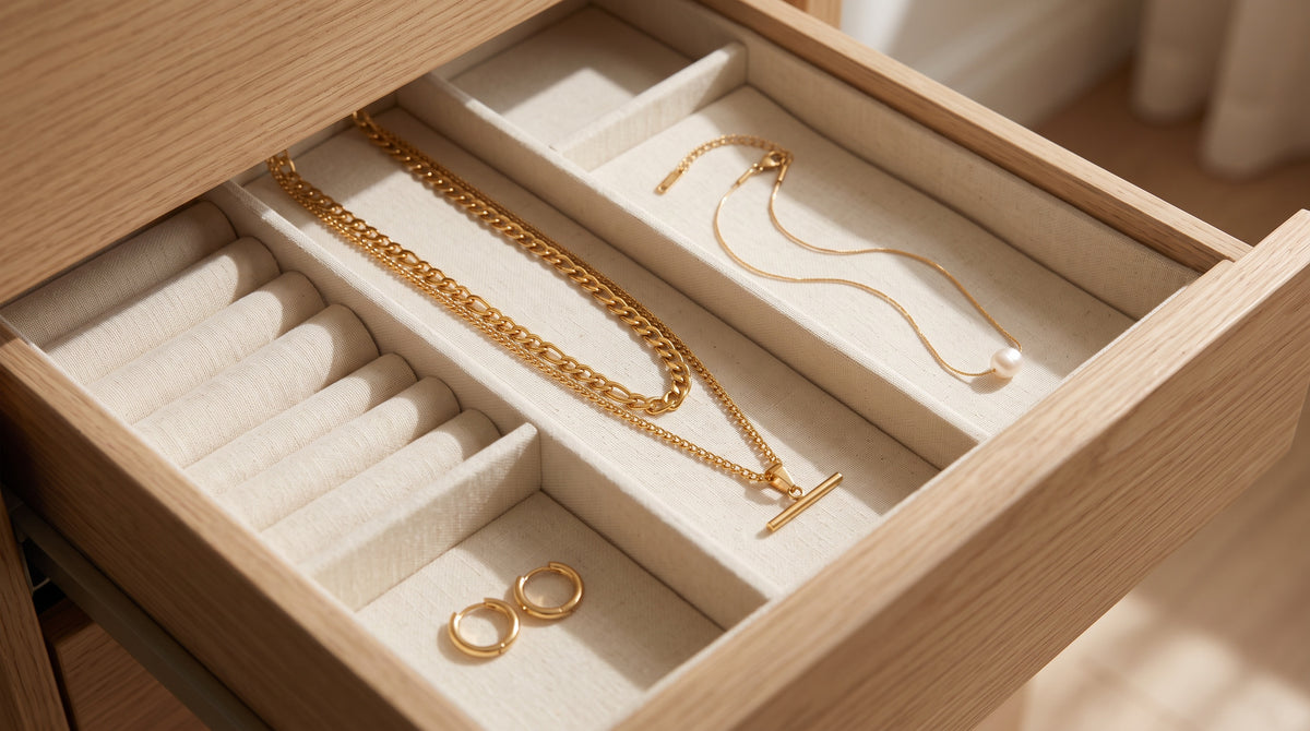 Necklaces, pearls and huggie earrings neatly arranged in a fabric-lined drawer, showing how to store jewelry