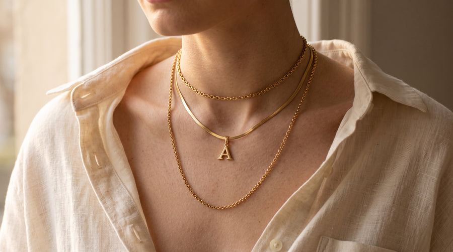 How to layer necklaces: a gold choker, an initial pendant and a long chain worn evenly spaced