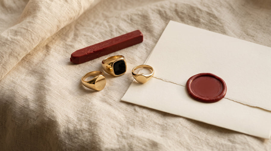 Three signet rings on linen beside sealing wax, recalling the signet ring meaning as a seal