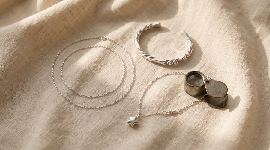 Silver chain, twisted bangle and star necklace on linen with a loupe: what does 925 mean on jewelry