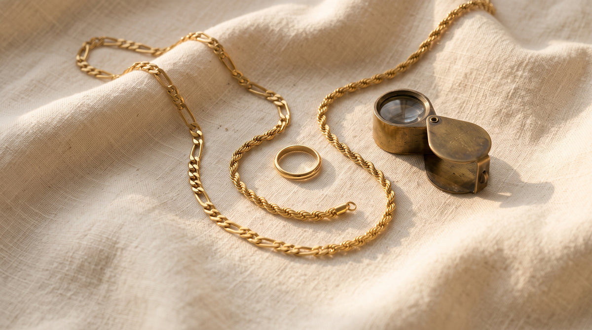Gold figaro chain, rope chain and band ring on linen with a loupe, how to tell if gold is real