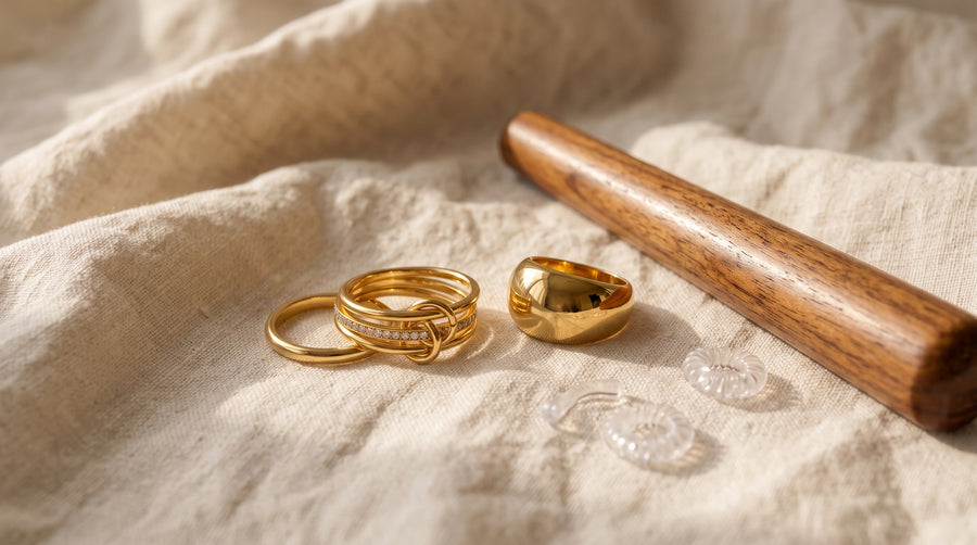 Gold rings beside a wooden ring mandrel and clear silicone adjusters, showing how to make a ring smaller