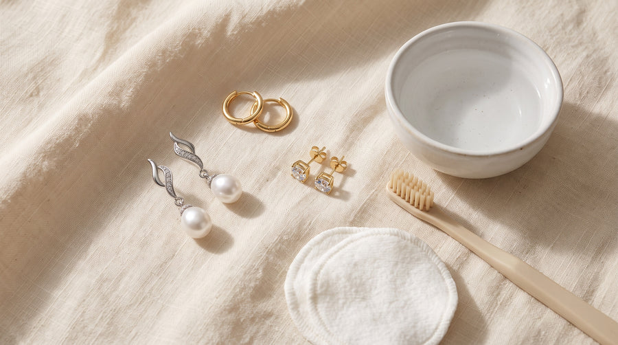 Huggies, pearl drops and studs on linen beside a bowl of water and a soft toothbrush: how to clean earrings