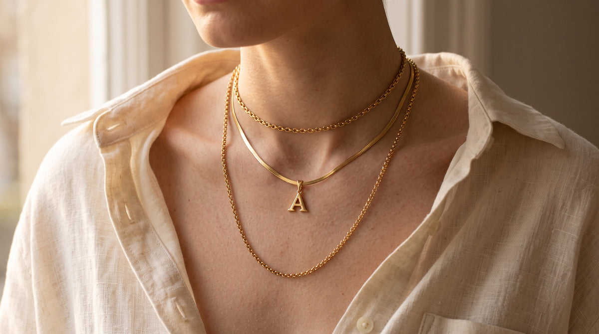 How to layer necklaces: a gold choker, an initial pendant and a long chain worn evenly spaced
