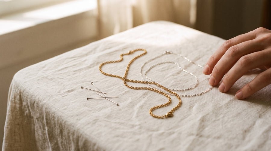 Fine silver and gold chains on linen with two sewing pins, showing how to untangle a necklace