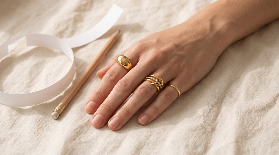 Hand wearing a gold band, a dome ring and interlocking rings beside a paper strip, illustrating a ring size chart guide
