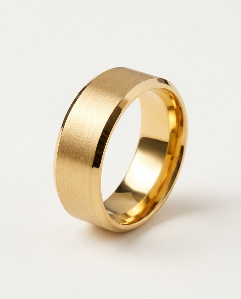 Men's band ring in brushed gold-tone titanium, 8 mm wide