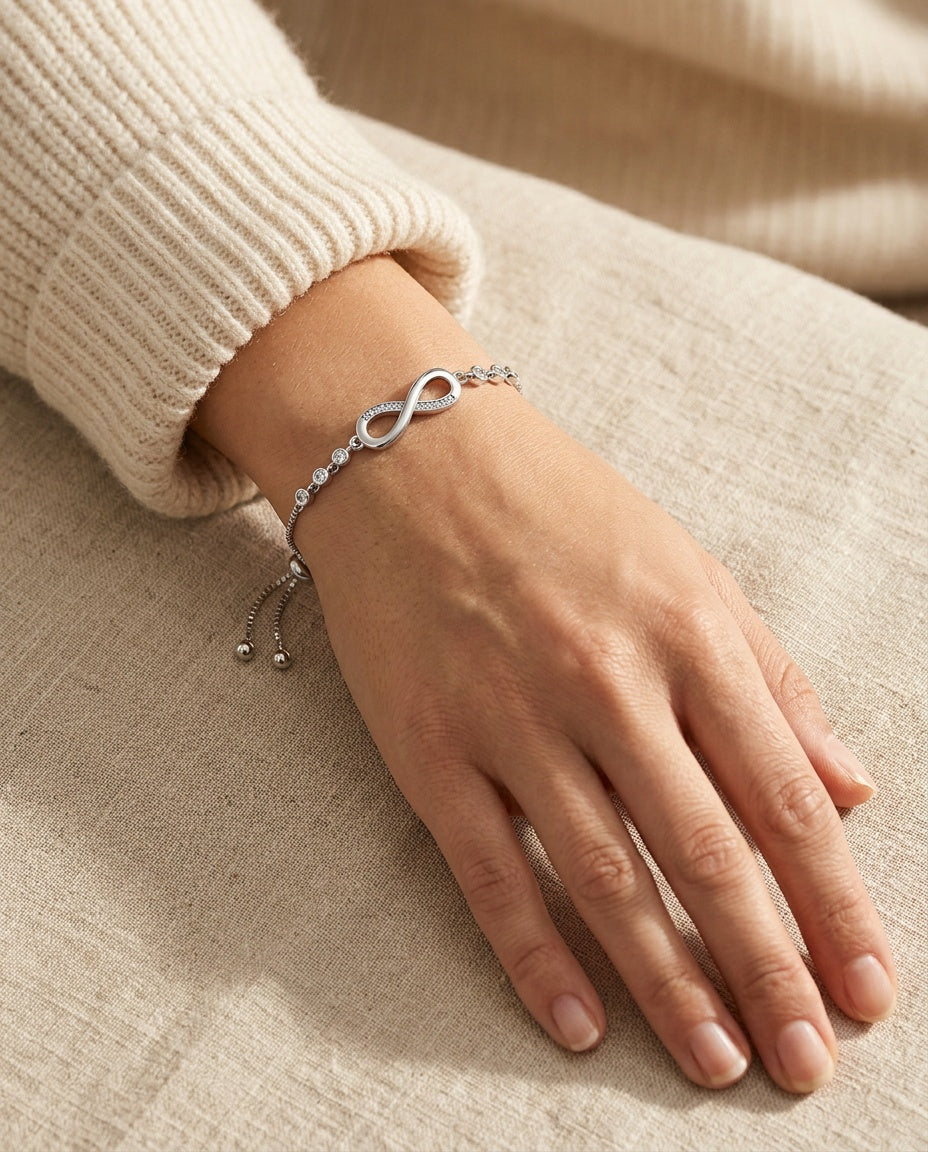 Endless loop bracelet worn on a woman's wrist