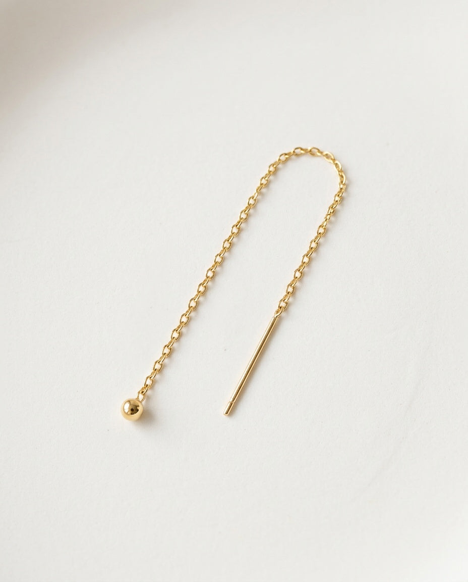 Gold threader earrings with slim bar, fine chain and small bead