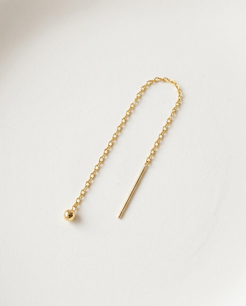 Gold threader earrings with slim bar, fine chain and small bead