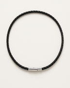 Collier cuir homme noir tressé avec fermoir argenté
