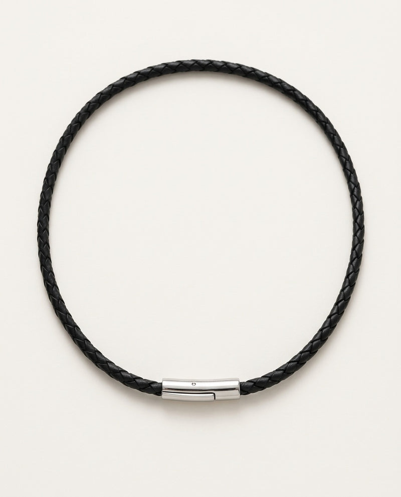 Mens leather necklace in black braided leather with silver clasp