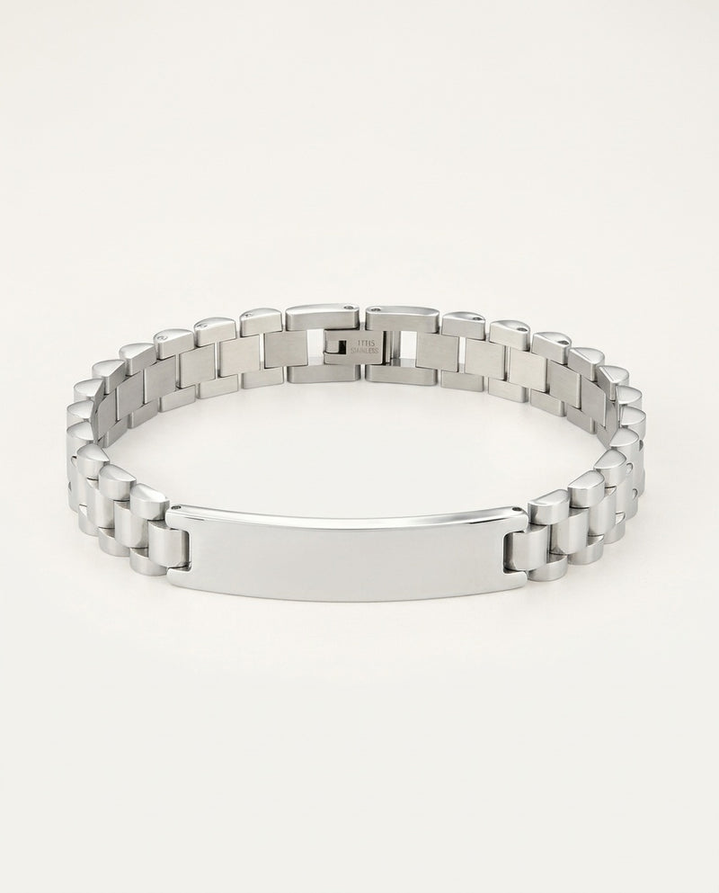 Personalized bracelet for men in silver with link band and blank ID plate