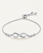 Silver infinity bracelet with zircon-set symbol on a fine chain