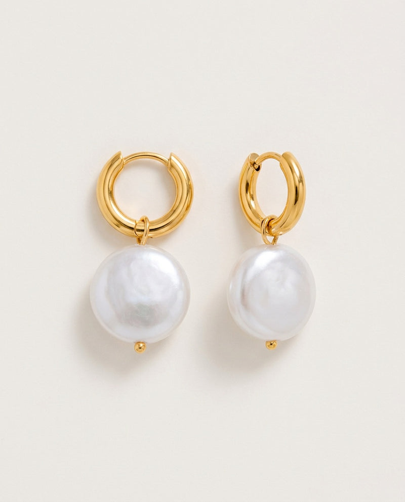 Pearl hoop earrings with gold hoop and white pearl drop