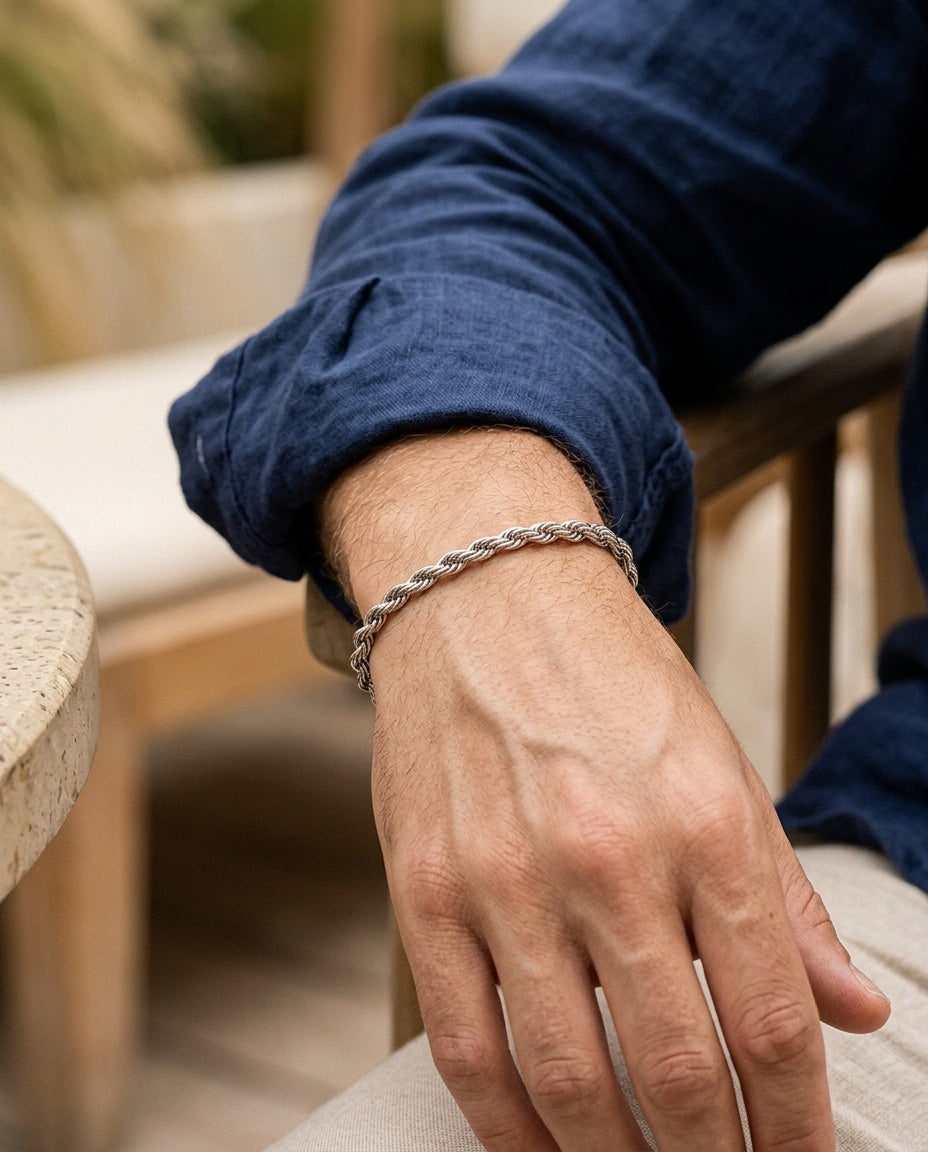 Rope chain bracelet worn on a man's wrist