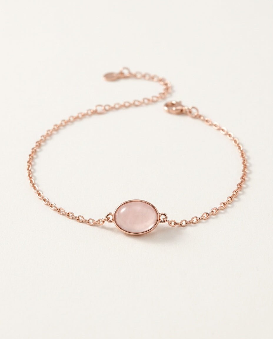 Rose quartz bracelet with oval pink stone on a fine rose gold chain