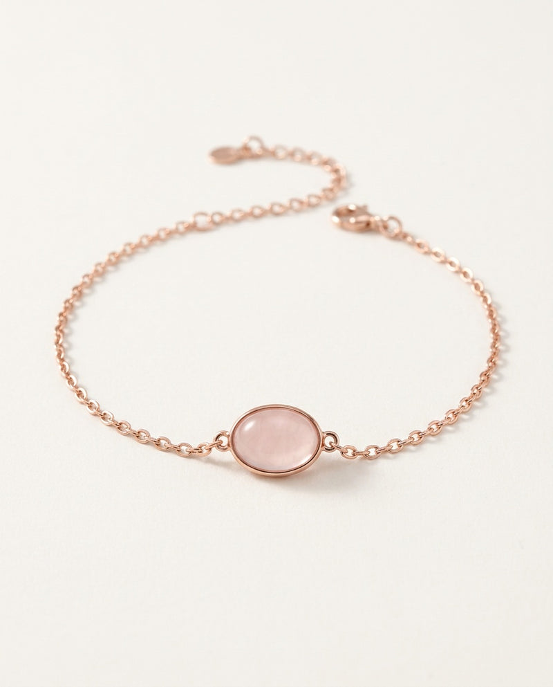 Rose quartz bracelet with oval pink stone on a fine rose gold chain