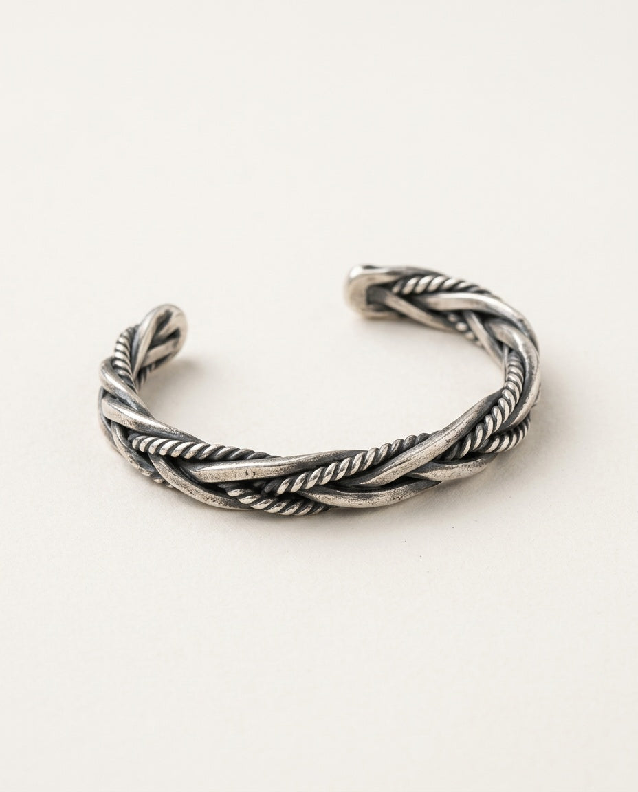 Men's cuff bracelet in twisted 925 sterling silver, open cuff