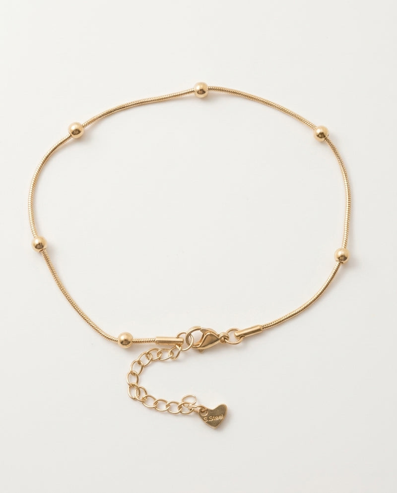 Cavigliera color oro con piccole sfere tonde su sfondo bianco