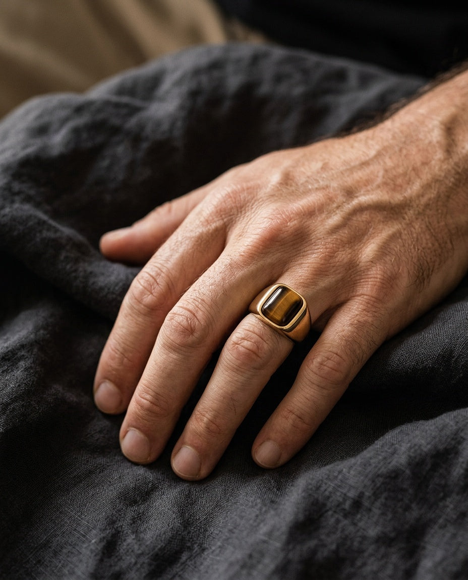 Bague œil de tigre portée à l’auriculaire