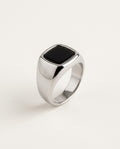 Onyx signet ring in polished silver-tone stainless steel