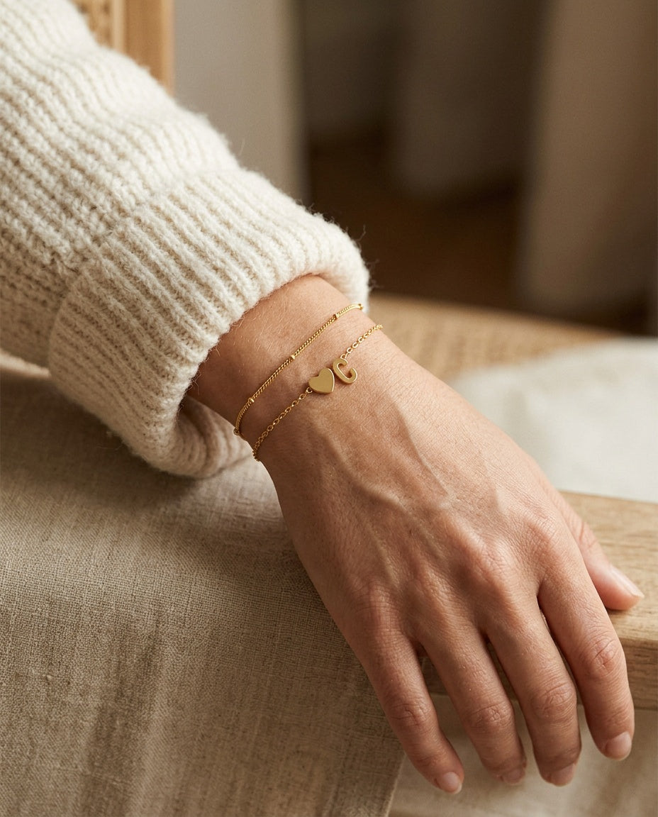 Initial bracelet worn on the wrist