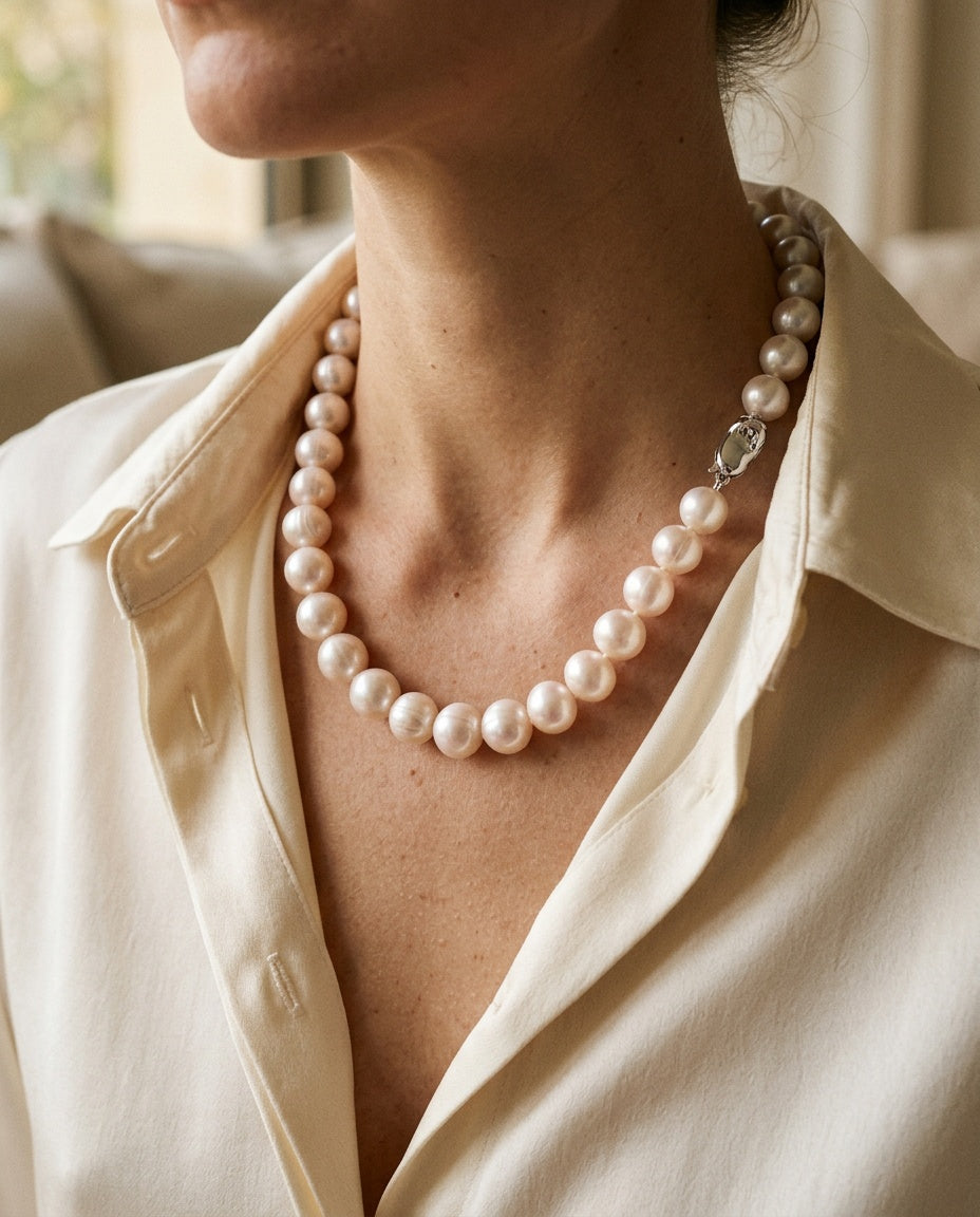 Large pearl necklace worn on the collarbone