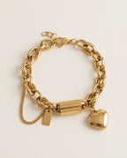 Bracelet à breloque coeur en acier doré avec grosse chaîne et cadenas