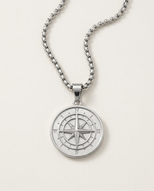 Medallion necklace with a round compass pendant in stainless steel