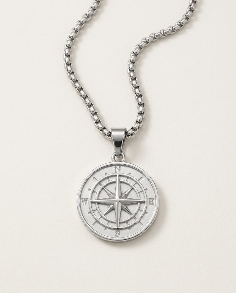 Medallion necklace with a round compass pendant in stainless steel