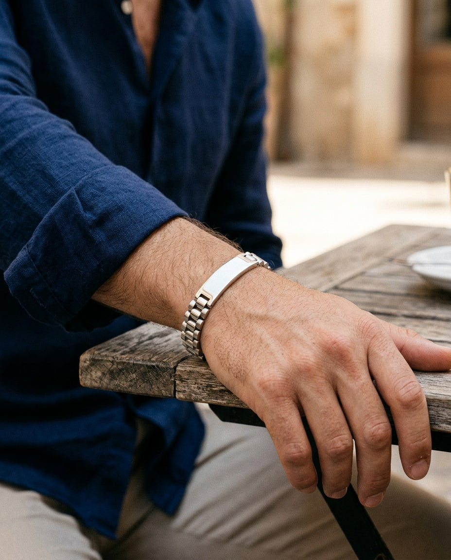 Personalized bracelet for men worn on the wrist under a shirt cuff