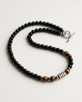 Tiger eye necklace for men with black beads and steel rings