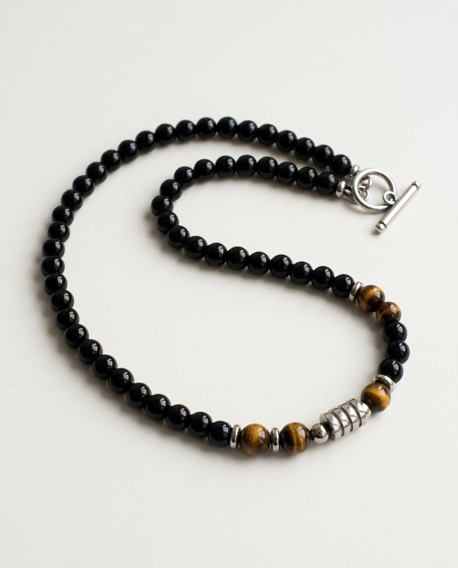 Tiger eye necklace for men with black beads and steel rings