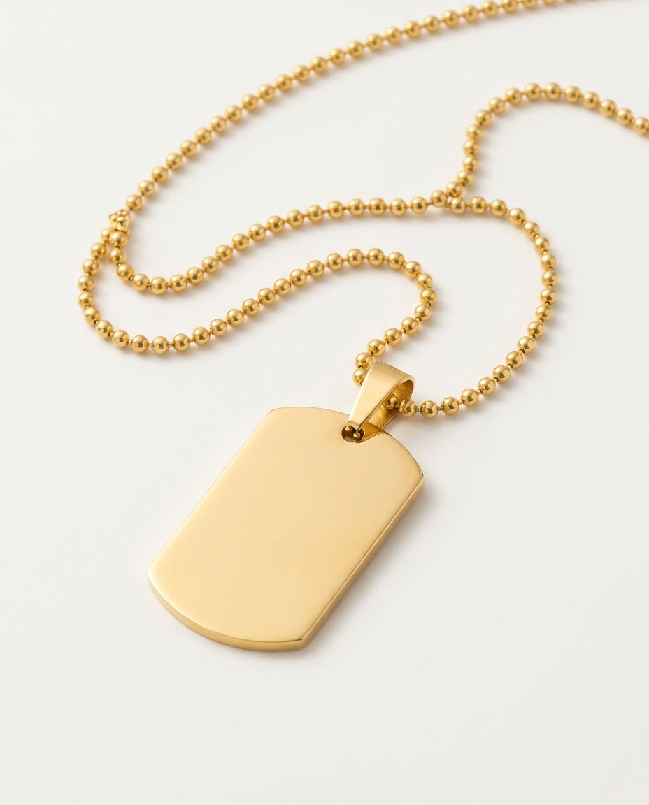 Dog tag necklace in polished silver steel on a fine chain