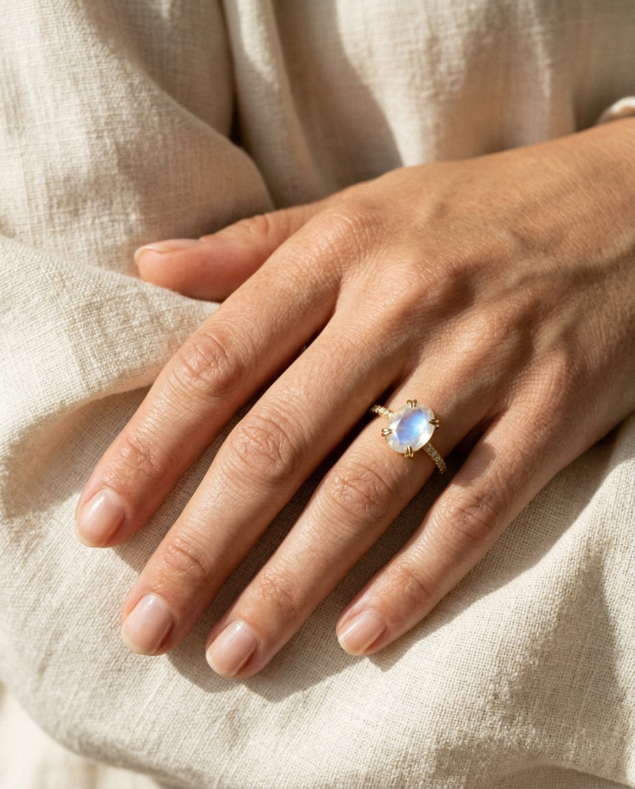Women moonstone ring worn on the ring finger