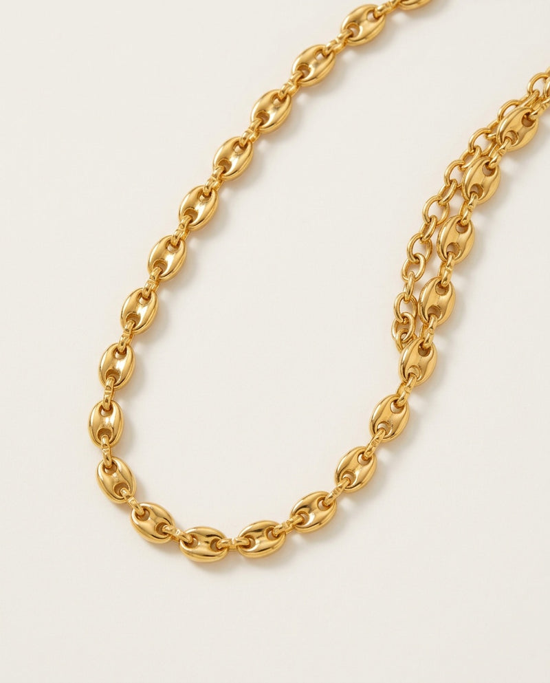 Coffee bean chain in gold and silver tone stainless steel