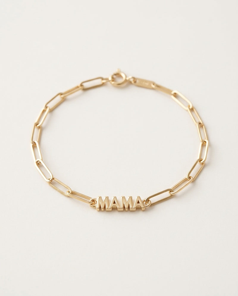 Mothers bracelet with gold MAMA lettering on a paperclip chain