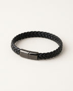 Bracelet cuir homme noir tressé avec fermoir magnétique argenté