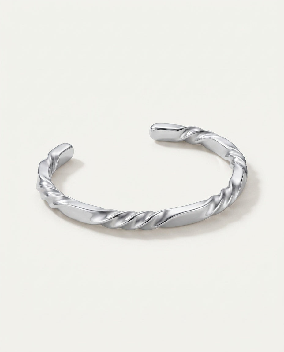 Twisted bangle in silver-plated stainless steel, open cuff