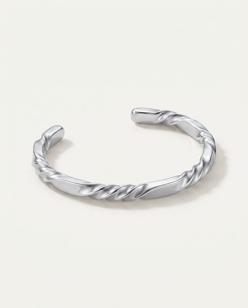 Twisted bangle in silver-plated stainless steel, open cuff