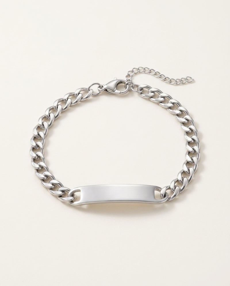 Esclava personalizada hombre plateada de acero con cadena barbada y placa grabada