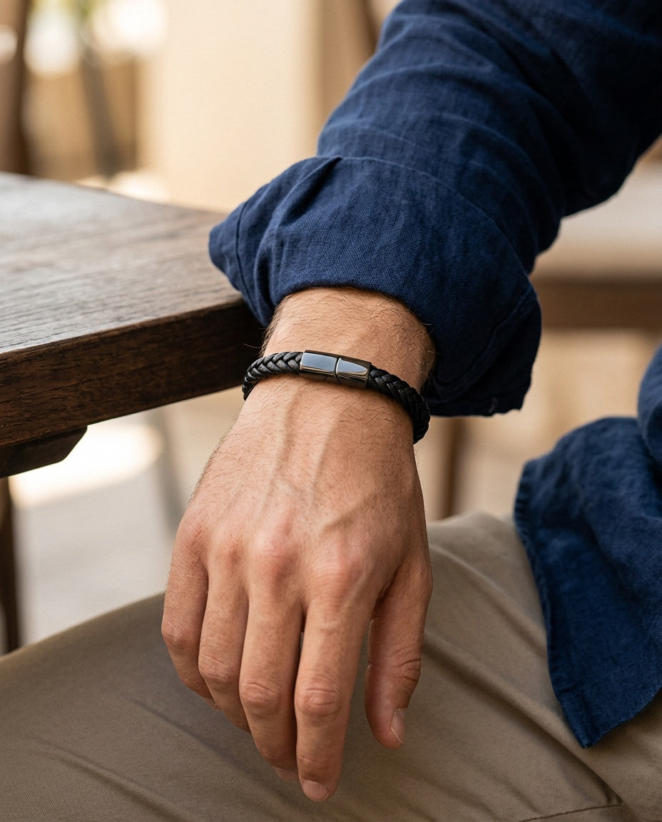 Bracelet en cuir tressé porté au poignet avec une montre