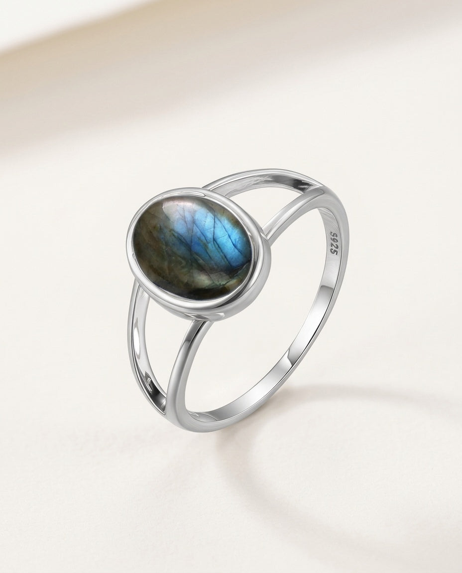Labradorite ring with an oval stone on a sterling silver split band