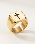 Square cross ring in gold with black inlaid cross, front view