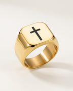Square cross ring in gold with black inlaid cross, front view