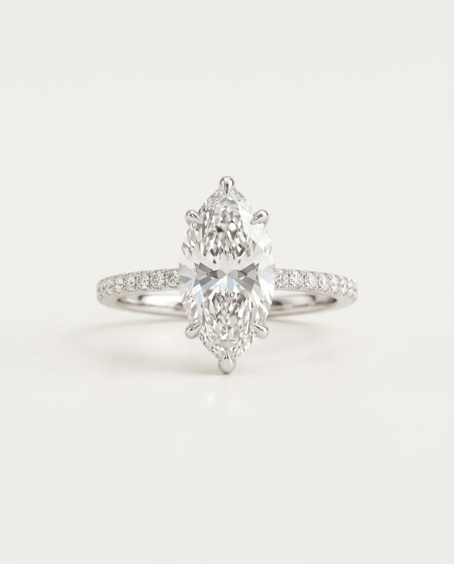 Bague marquise en argent 925 avec zircon allongé et anneau pavé