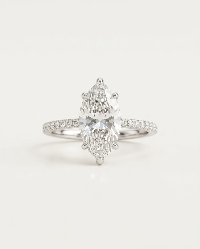 Marquise ring in 925 sterling silver with an elongated zircon and pavé band