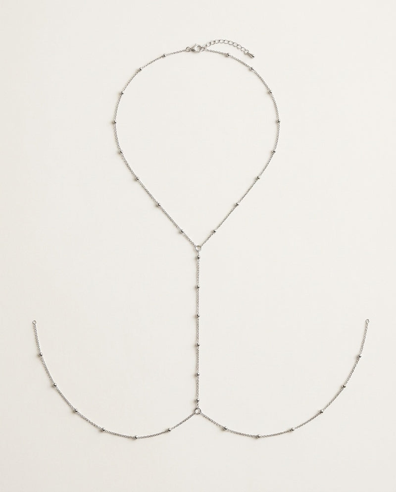 Body chain argentata con catenina a sfere a forma di Y, foto prodotto